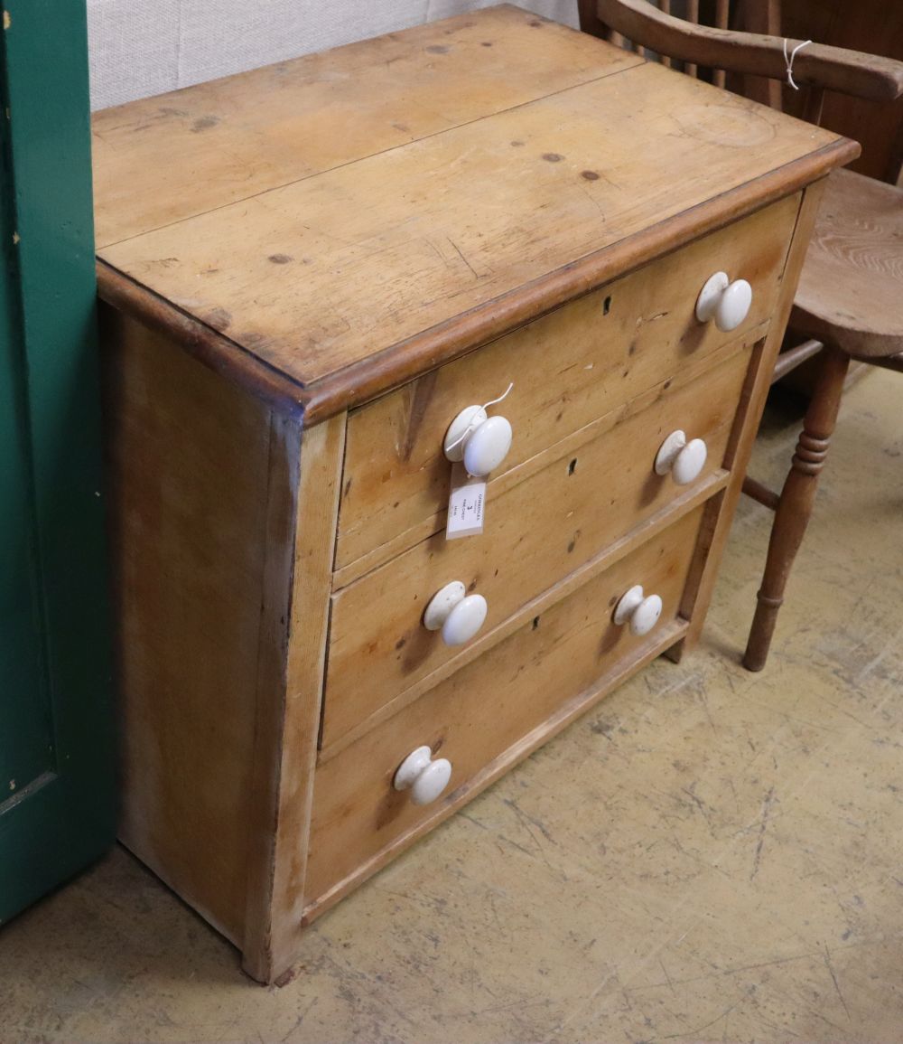 A small Victorian three drawer pine chest, W76cm, D.45cm, H.68cm